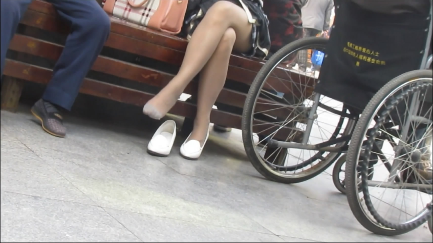 white half wedges and grey stocking nylon feet